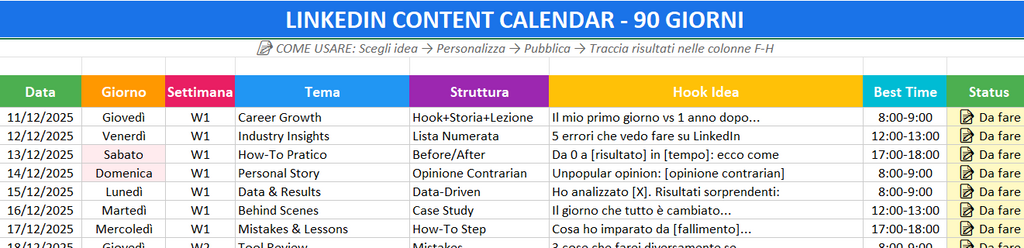 LinkedIn Content Calendar 90 Giorni - Piano Editoriale Completo + Tracker Performance
